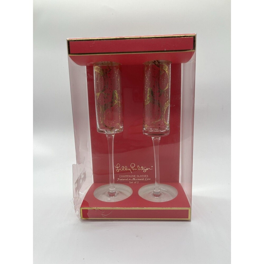 Lilly Pulitzer Clear Champagne Glasses Set Of 2 Mermaids Cove Gold Gift Box